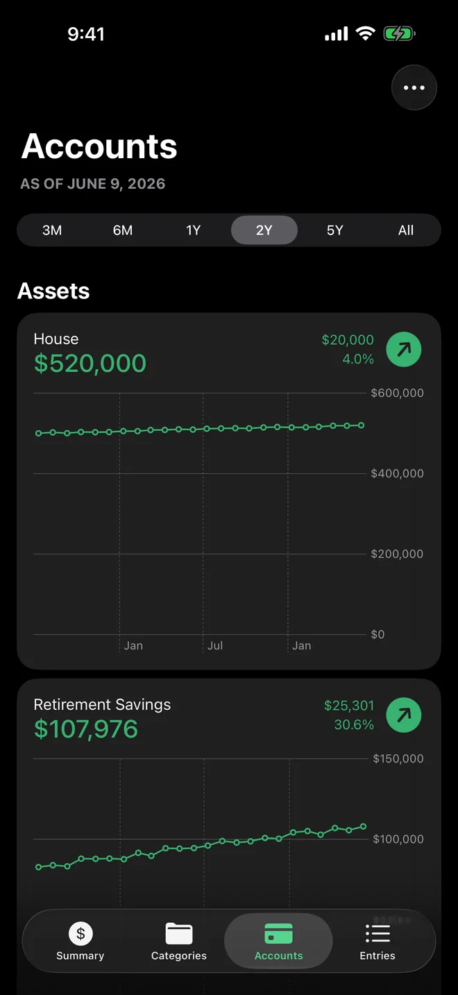 Wealth Health Accounts sheet displaying real estate asset details and interest metrics